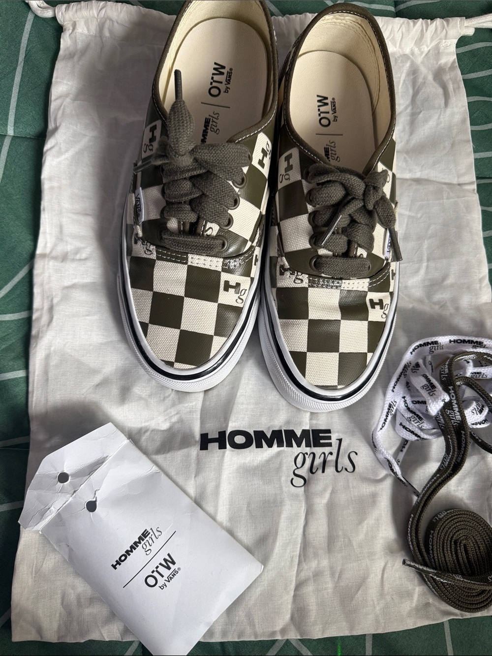 Vans Olive and White Checkerboard Lace-Up Sneakers